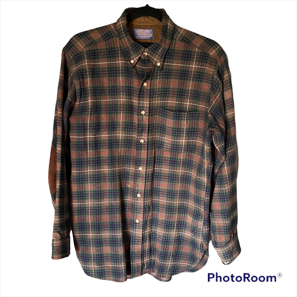 PENDELTON Vtg Shirt Leather Elbow Patches M Authentic Fraser Wool Hunting T…